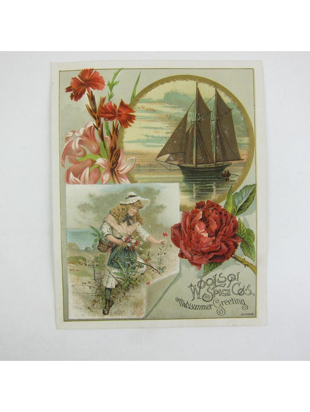 Victorian Trade Card Lion Coffee Woolson Spice Co Sailboat Girl Picks Red Flower